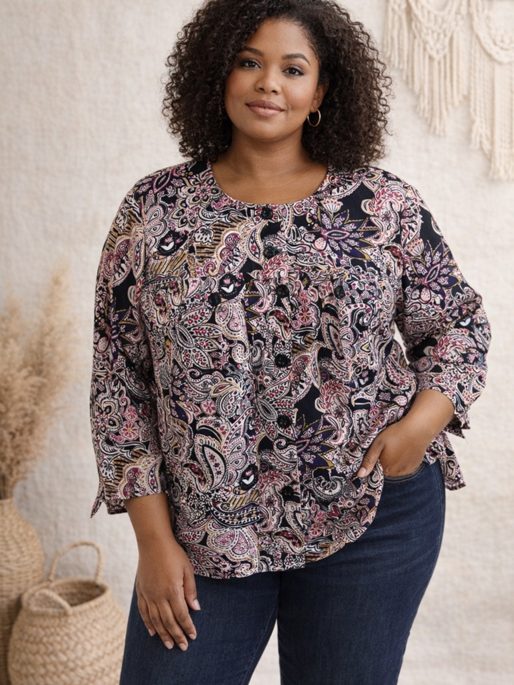 Charter Club Paisley Print 3/4 Sleeve Button up Blouse-Cotton Blend 3X